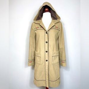 Vintage 1990s Floral Embroidered Camel Colored Coat with Hoodie Size Small